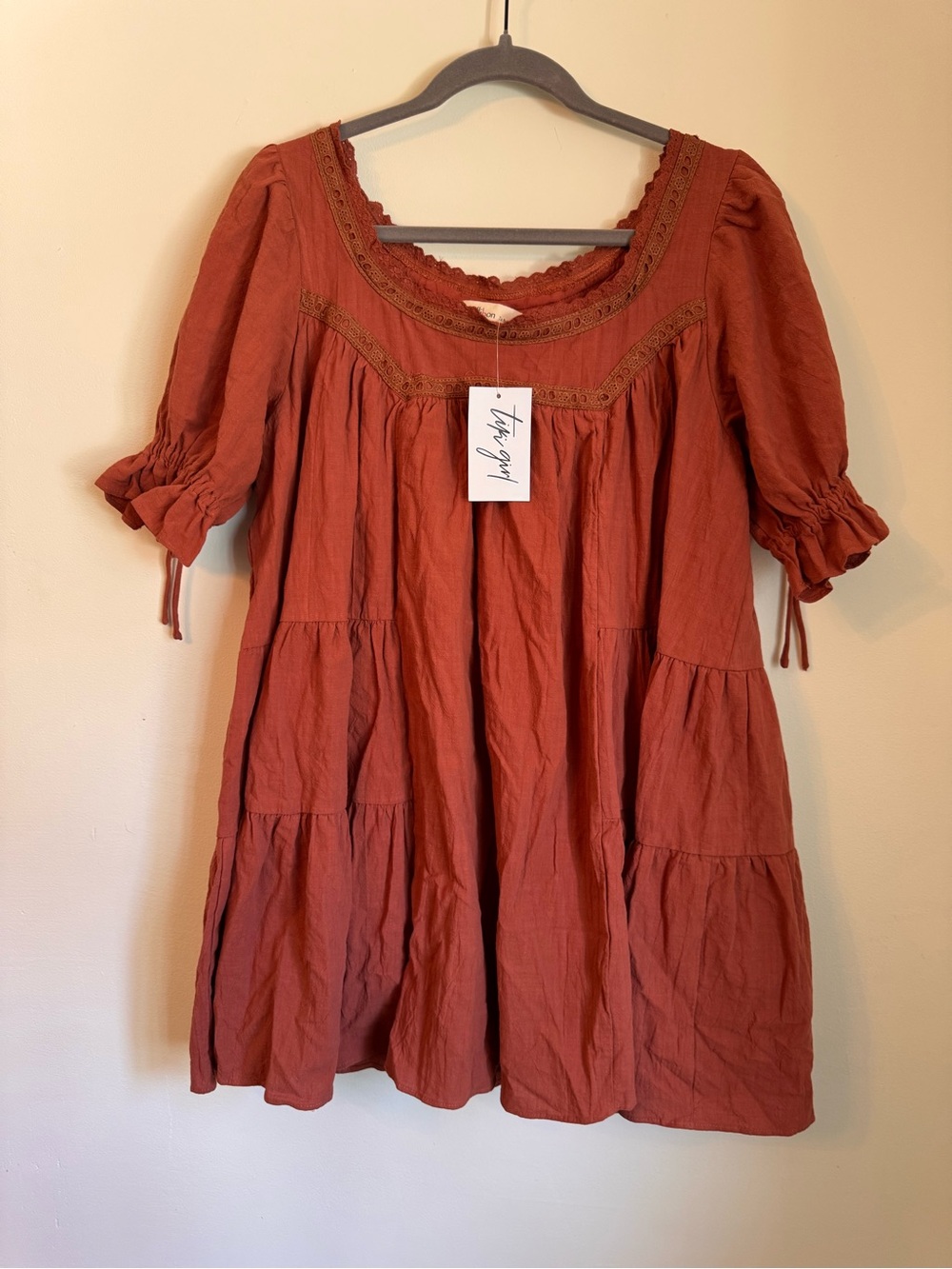 Terracotta Tiered Boho Dress with Lace Trim - NEW - Size M